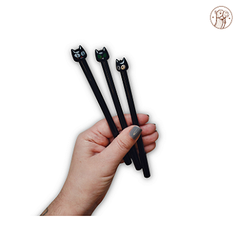 Caneta Gato Preto Fofa - Tinta Preta Gel Fina 0.5mm