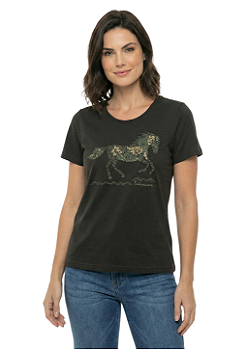 Shirt Feminina Estanciera Cavalo Arabescos Florais