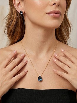 Conjunto Gota Cristal Fusion Azul Escuro / Safira Banho de Ouro 18k