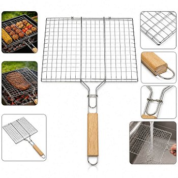 Grelha Dupla Churrasco Inox Cabo Madeira 34x22cm