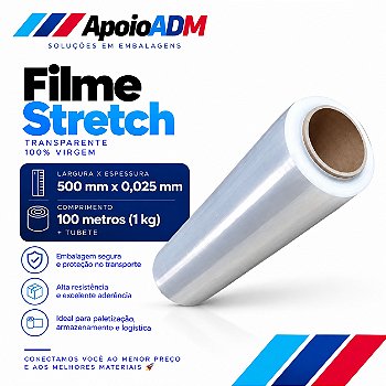Filme Stretch Transparente 500 mm × 25 Micras – 100m 1 kg (Líquido)