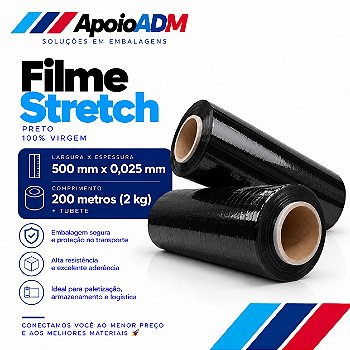 Filme Stretch Preto 500 mm × 25 Micras – 200m 2 kg (Líquido)