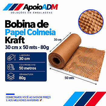 Bobina de Papel Colmeia Kraft – 30 cm × 50 m