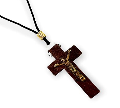 Cordão Pescoço com Cruz Madeira e Jesus em Metal