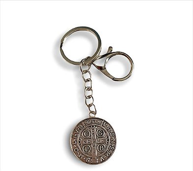 Chaveiro Mosquetão Medalha de São Bento Prata Velha