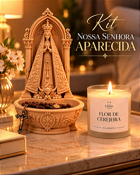 Kit Nossa Senhora Aparecida com Porta Terços e Vela Aromática – Presente Católico Religioso