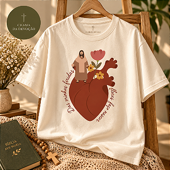 Camiseta Cristã Florescer na Fé – Jesus e Sagrado Coração