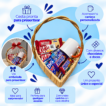 Cesta de Coração com Chocolates e Caneca Personalizada