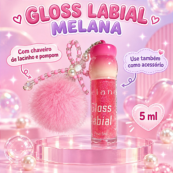 Gloss Labial Melana Rosa com Glitter, Chaveiro de Lacinho e Pompom – 5 ml