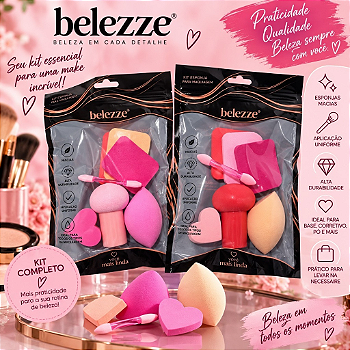 Kit de Esponjas para Maquiagem Belezze com Vários Formatos + Aplicador para Base Corretivo e Pó.