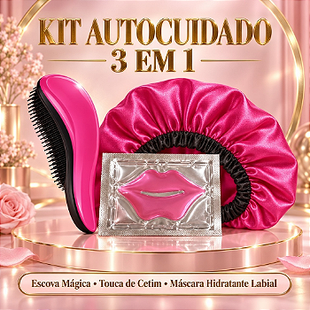 Kit Autocuidado 3 Em 1 – Escova Mágica, Touca De Cetim E Máscara Labial