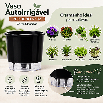Vaso Autoirrigável Pequeno Nº 02 – Cores Clássicas Preto