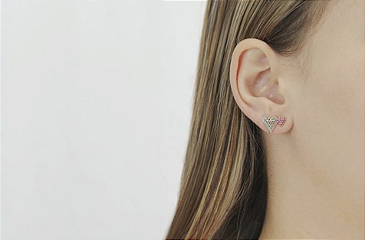 Brinco 2 Corações Ouro 18k e Zircônias