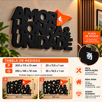enfeite de parede com dupla face AMOR HONRA & UNIDADE preto com laranja