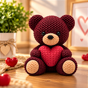 Urso de Crochê tricô com Coração 110 mm Decorativo Estilo Amigurumi 3D