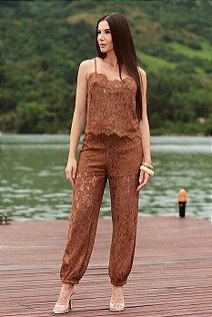 Conjunto Renda Blusa Alça Fina Calça Aladim