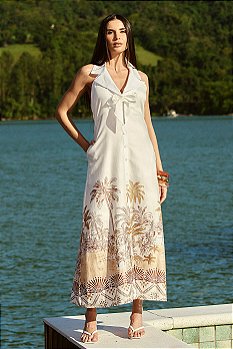 Vestido Algodão Frente Única com Barrado Estampado