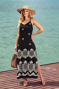 Vestido Alfaiataria Bordado com Amarração Cordão