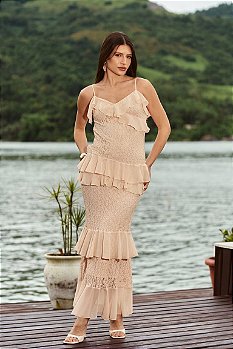 Vestido Alça Fina Renda com Babado em Chiffon