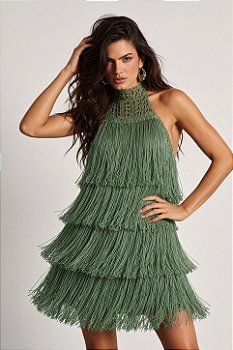 Vestido Tricot Franja com Gola Alta