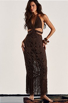 Vestido Tricot com Recorte Cintura e Franja
