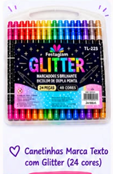 Canetinhas Marca Texto com Glitter (24 cores)