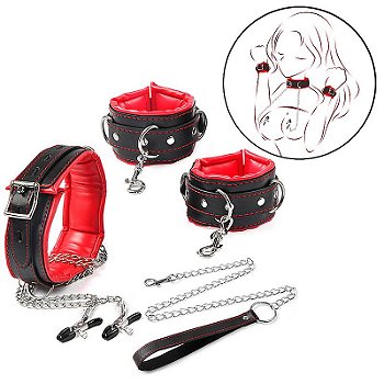 Kit bdsm sado bondage com algemas, coleira e prendedor de mamilos + Guia