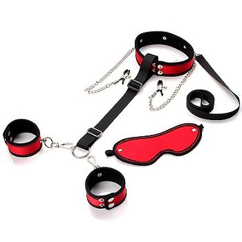 Kit Sado Bdsm com Coleira e Algemas / Venda e Grampo de mamilo