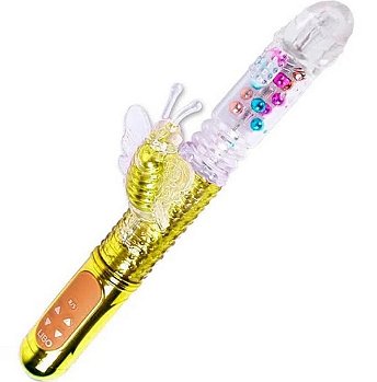 LIBO JACK RABBIT VIBRADOR VAI E VEM RECARREGÁVEL COM VIBRAÇÃO E ESTIMULADOR CLITORIANO EM FORMA DE BORBOLETA - 29 X 3,5 CM | COR: DOURADO