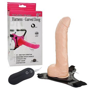 APHRODISIA HARNESS CURVED DONG - CINTA COM PÊNIS VIBRADOR COM 10 MODOS DE VIBRAÇÃO  - 18 X 3,9 CM - COR BEGE