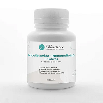 Nicotinamida + Nonanedioico + 3 Ativos - Cápsulas Anti Acne - 90 doses