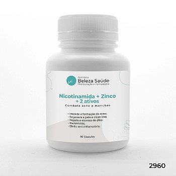 Nicotinamida + Zinco + 2 Ativos - Combate Acne e Manchas - 90 doses