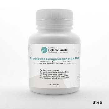 Probiótico Emagrecedor Max Fit : Lactobacillus Curvatus 2 bilhões + Lactobacillus Reuteri 2 bilhões + Fos 200mg - 90 Cápsulas