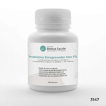 Probiótico Emagrecedor Max Fit : Lactobacillus Curvatus 2 bilhões + Lactobacillus Reuteri 2 bilhões + Fos 200mg - 120 Cápsulas