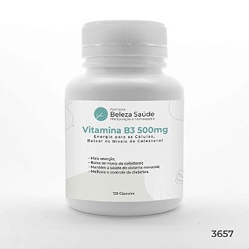 Vitamina B3 ( NIACINA ) 500mg : Energia para as Células, Baixar os Níveis de Colesterol - 120 Cápsulas