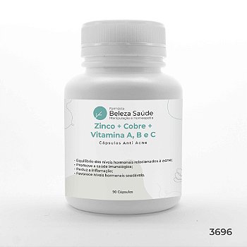 Zinco + Cobre + Vitamina A, B e C - Cápsulas Anti Acne - 90 Cápsulas