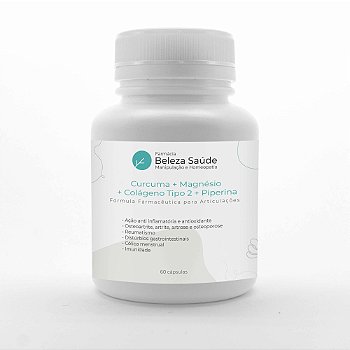 Curcuma + Magnésio + Colágeno Tipo 2 + Piperina : Fórmula Farmacêutica para Articulações 60 Cápsulas