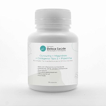 Curcuma + Magnésio + Colágeno Tipo 2 + Piperina : Fórmula Farmacêutica para Articulações 120 Cápsulas