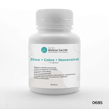 Zinco + Cobre + Resveratrol + 5 Ativos - Cápsulas Antiacne - 60 doses