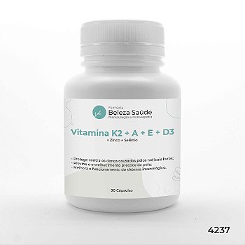 Vitamina K2, A, E, D3 10.000 Ui + Zinco + Selênio : 90 Caps