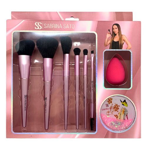 Kit com 06 Pincel de Maquiagem, Esponja e Espelho Sabrina Sato SP145