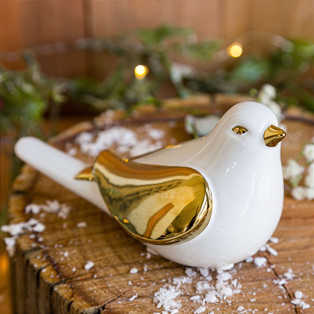 Passaro Branco Gold Em Ceramica Ilustritto