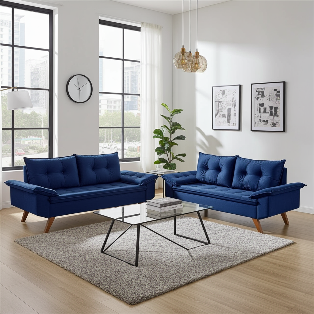 Sofá 2 e 3 lugares em suede azul marinho - Zargo