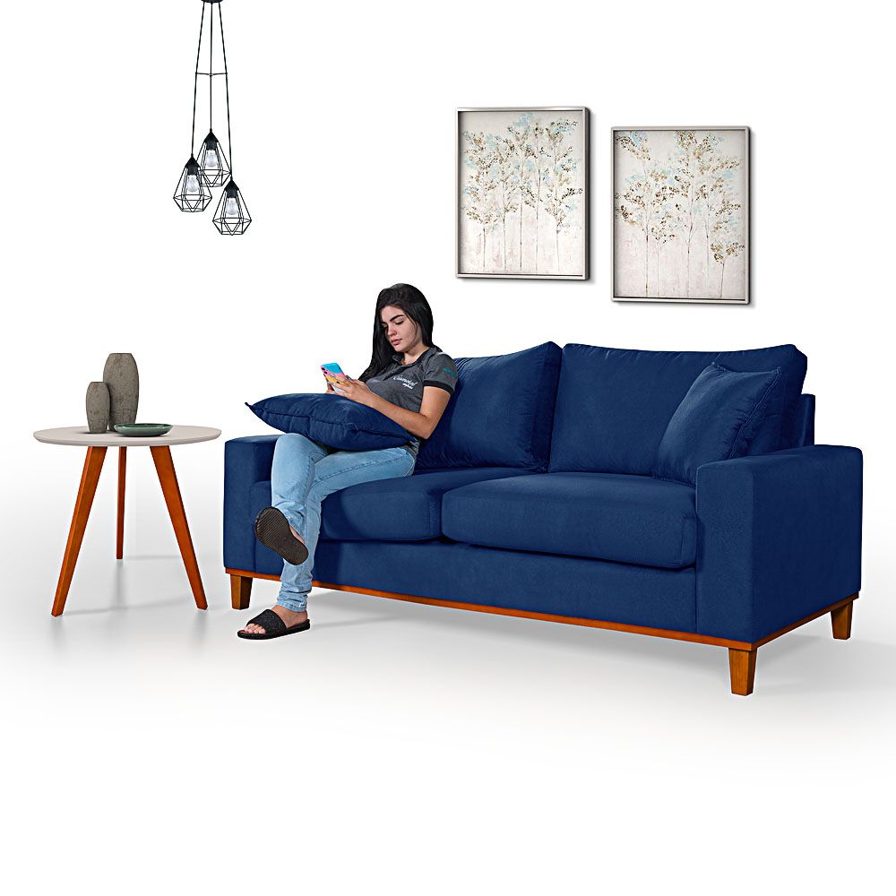 Sofá Living 3 Lugares Zargo em Suede Azul Marinho - Zargo