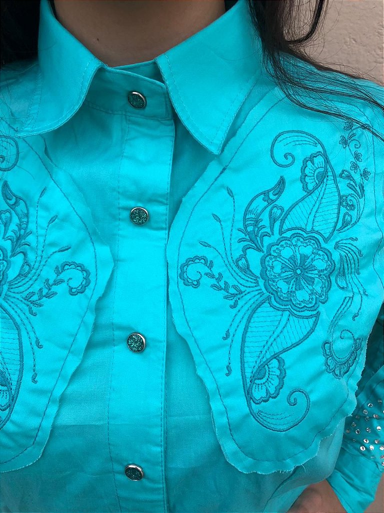 camisa social feminina azul turquesa