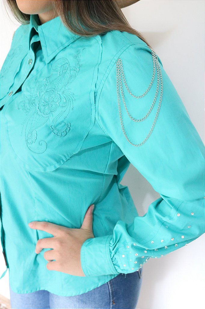 camisa social feminina azul turquesa