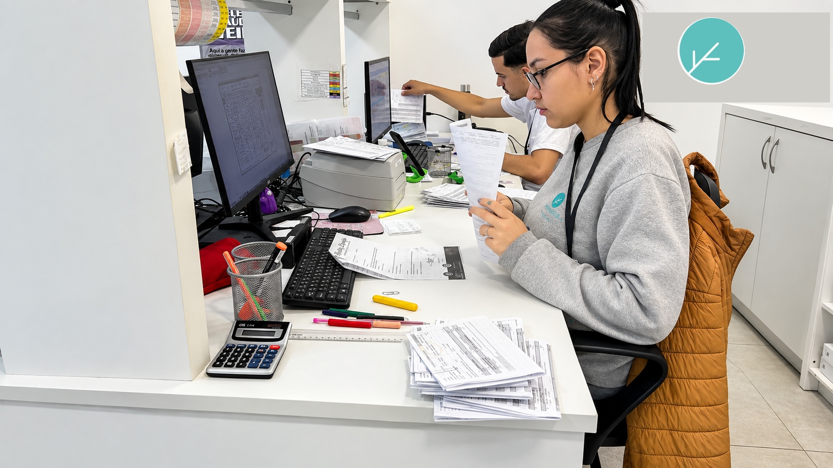 Equipe da Beleza Saúde conferindo prescrições e pedidos em área de atendimento farmacêutico.
