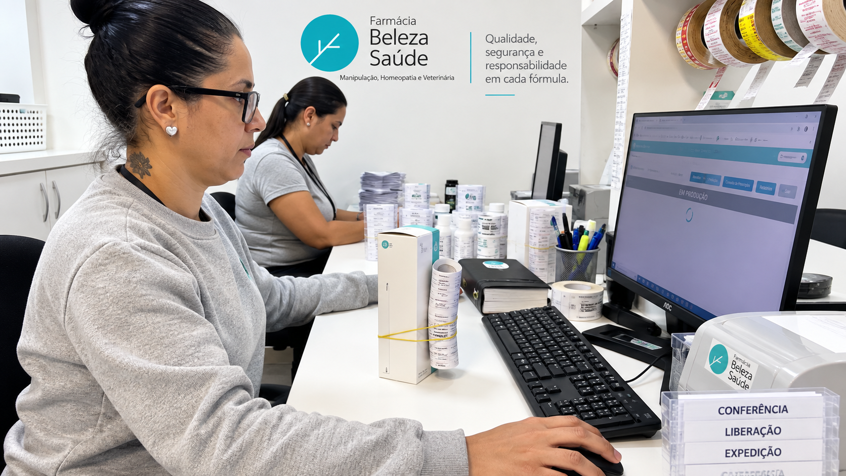 Equipe da Beleza Saúde conferindo prescrições e pedidos em área de atendimento farmacêutico.