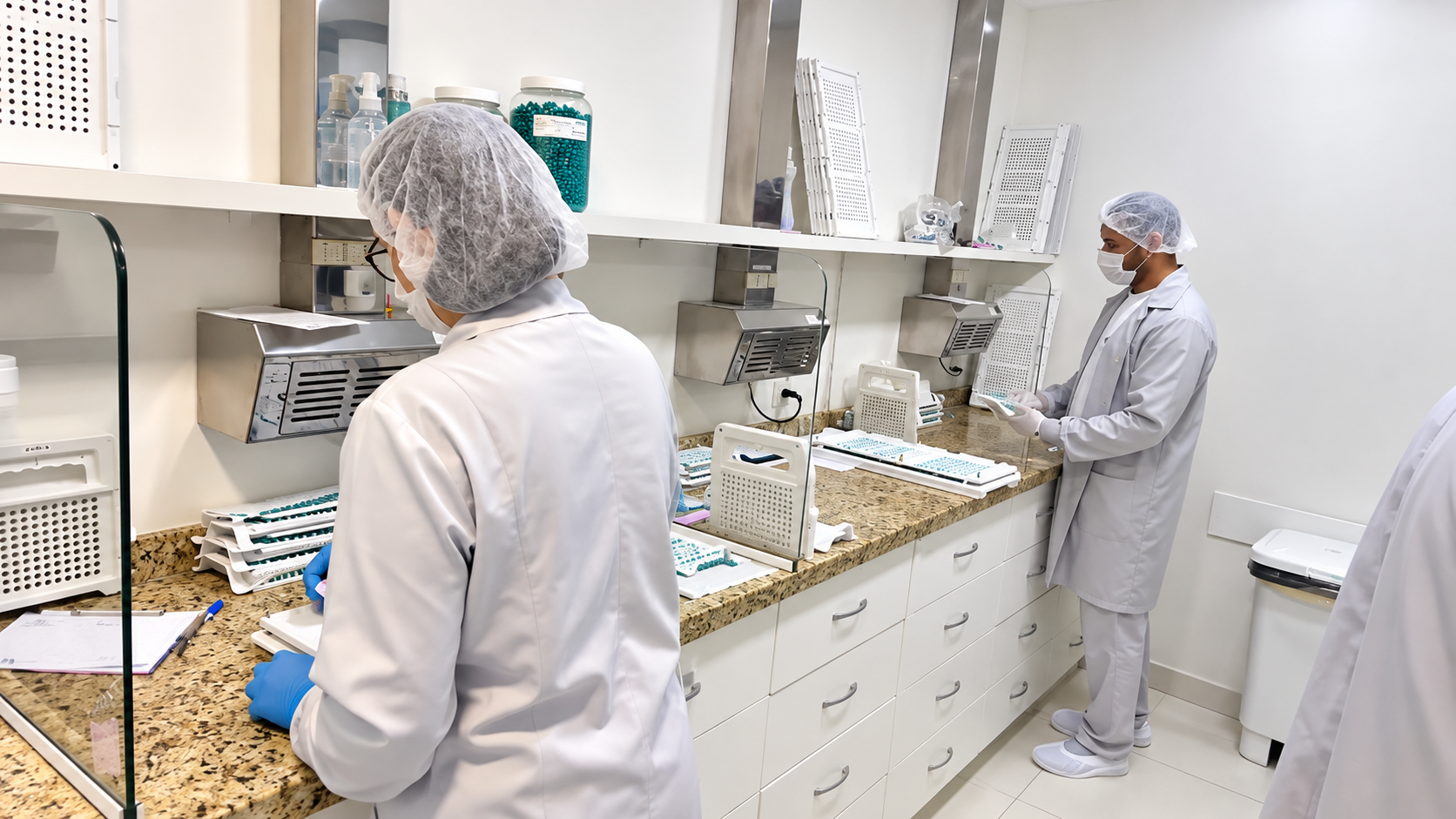 Equipe da Beleza Saúde trabalhando no laboratório de encapsulação da farmácia de manipulação.