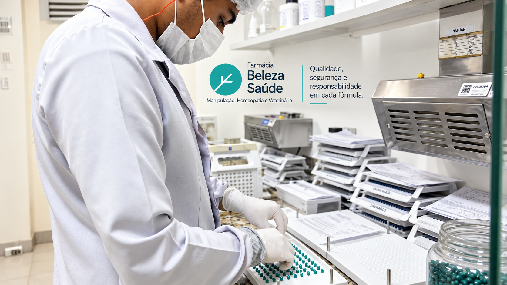 Profissionais da Beleza Saúde em atividade técnica no laboratório de manipulação.